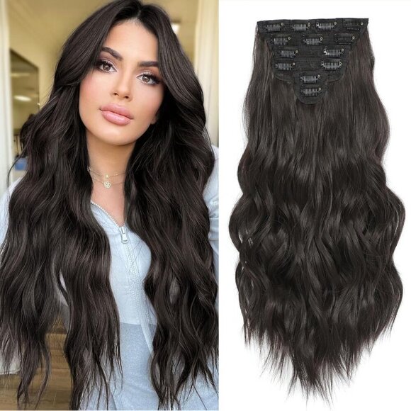 Clip In Hair Extensions Synthetic Dark Brown 20 Inch 6PCS Long Wavy Thick